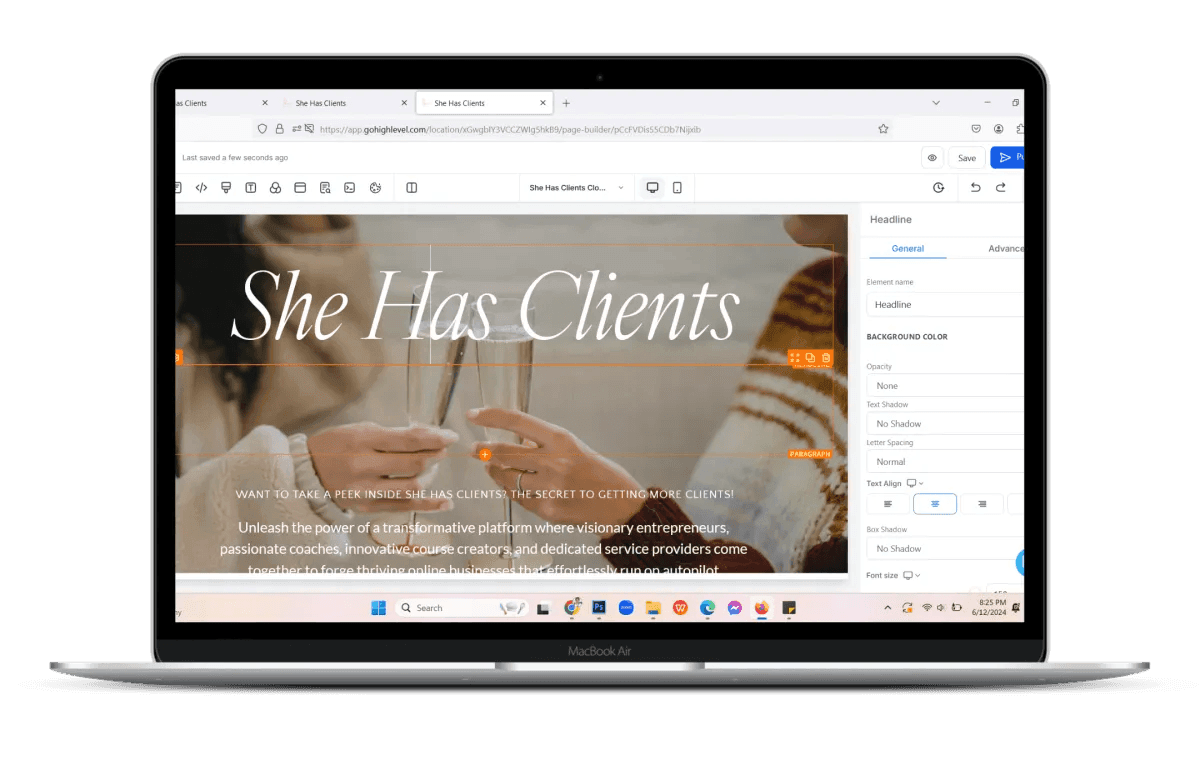 Laptop screen displaying 'She Has Clients' website with editing interface and text about entrepreneurs and clients.